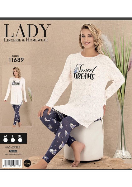 Lady Lingerie Uzun Kollu,desenli Kadın Pijama Takımı