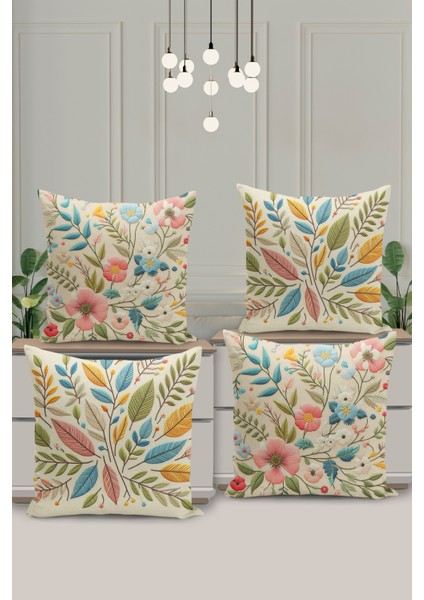 4 Lü Çift Taraflı Dijital Baskı Kırlent Kılıfı Nakış Görünümlü Yaprak Desenli