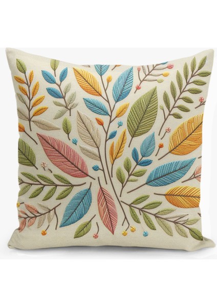 4 Lü Çift Taraflı Dijital Baskı Kırlent Kılıfı Nakış Görünümlü Yaprak Desenli modelleri