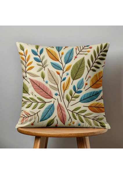 4 Lü Çift Taraflı Dijital Baskı Kırlent Kılıfı Nakış Görünümlü Yaprak Desenli indirimleri