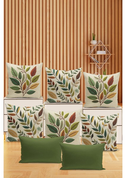 8 Li Çift Taraflı Dijital Baskı Kırlent Kılıfı Nakış Görünümlü Yaprak Desenli