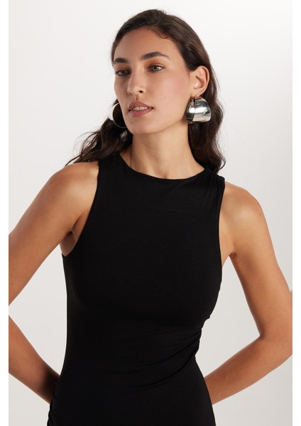 Kadın Modal Kumaş Slim Fit Dar Kesim Sıfır Kol Bisiklet Yaka Siyah Elbise modelleri
