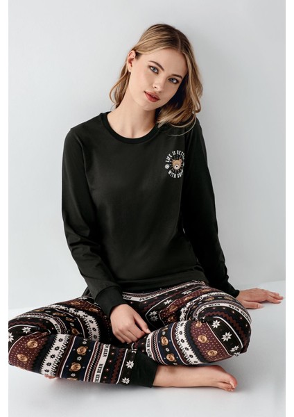 Kadın Aile Bear My Little Friend %100 Pamuklu 4 Mevsim Uzun Kollu Pijama Takım
