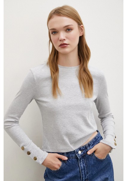 Kollu Düğmeli Bluz Gri