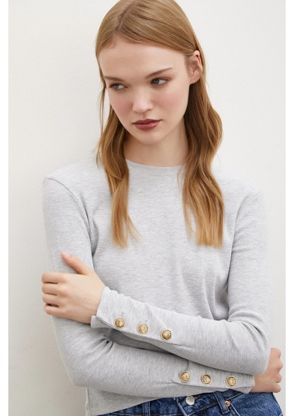 Kollu Düğmeli Bluz Gri modelleri