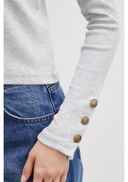 Kollu Düğmeli Bluz Gri indirimleri