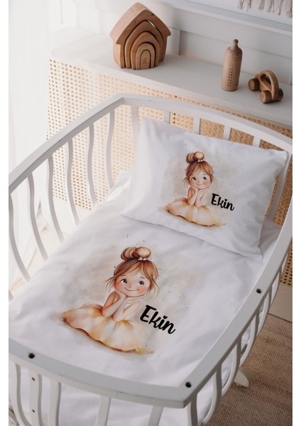 %100 Pamuk Saten Isme Özel Isimli Anne Yanı Beşik Nevresim Takımı Küçük Kız