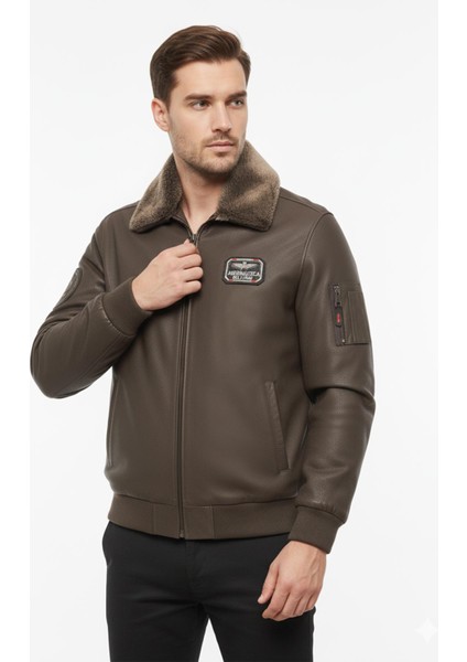 Kahverengi Top Gun Erkek Hakiki Deri Kürk Yakalı Pilot Mont fiyatları