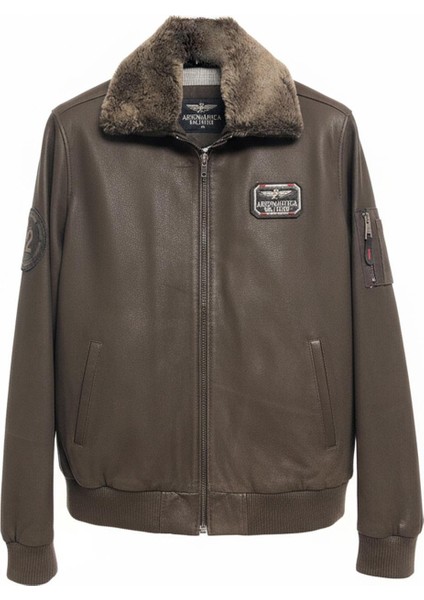 Kahverengi Top Gun Erkek Hakiki Deri Kürk Yakalı Pilot Mont