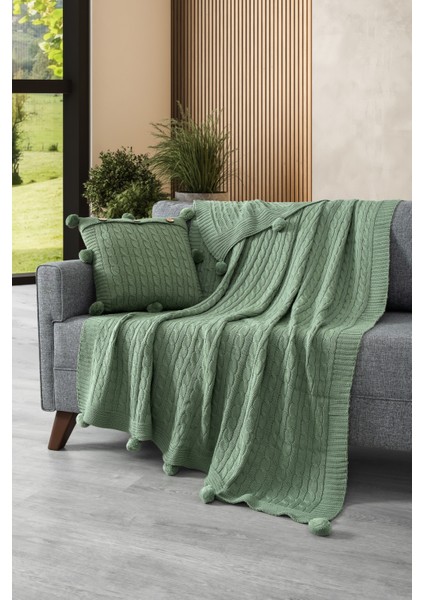 2'li Takım Ponponlu Triko Örme Kırlent Kılıfı & Tv Battaniyesi- Omuz & Koltuk Şalı Seti- Mint