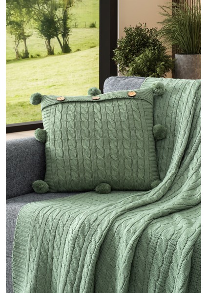 2'li Takım Ponponlu Triko Örme Kırlent Kılıfı & Tv Battaniyesi- Omuz & Koltuk Şalı Seti- Mint fiyatları