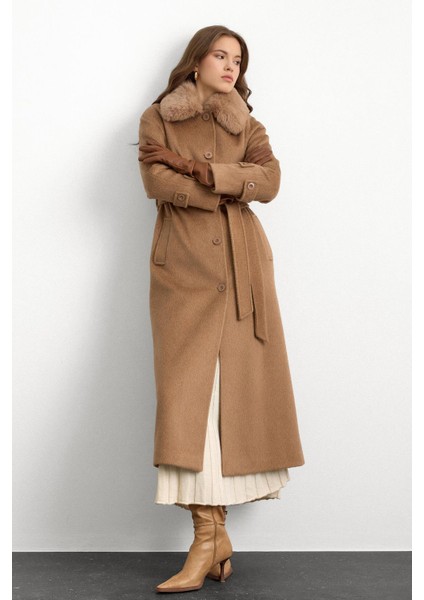 Yakası Çıkabilen Kürklü Moher Uzun Kaban Kamel 3151