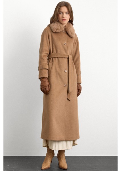 Yakası Çıkabilen Kürklü Moher Uzun Kaban Kamel 3151 modelleri