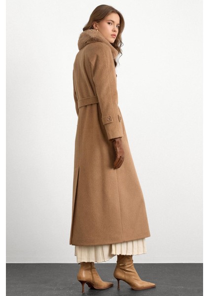 Yakası Çıkabilen Kürklü Moher Uzun Kaban Kamel 3151