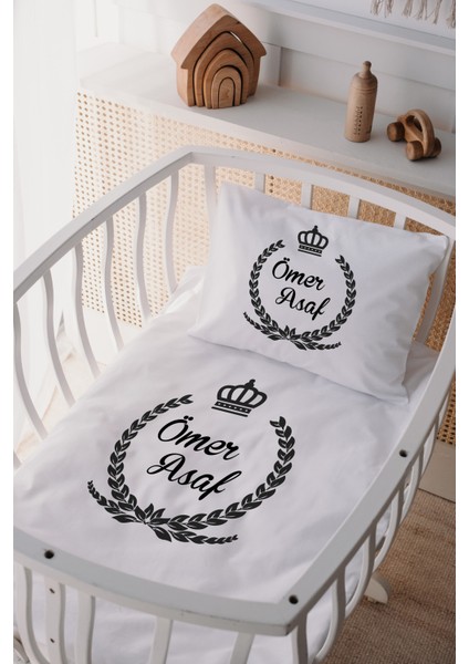 %100 Pamuk Saten Isme Özel Isimli Anne Yanı Beşik Nevresim Takımı Çelenk
