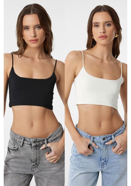Siyah-Ekru 2'li Paket Kadın Askılı Top