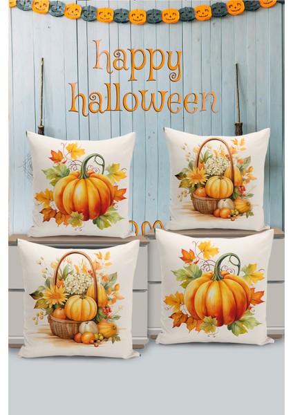 4 Lü Çift Taraflı Dijital Baskı Kırlent Kılıfı Halloween Sonbahar Temalı