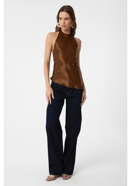 Kahve Asimetrik Saten Sırt Dekolteli Kadın Top fiyatları