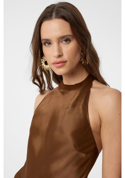 Kahve Asimetrik Saten Sırt Dekolteli Kadın Top modelleri