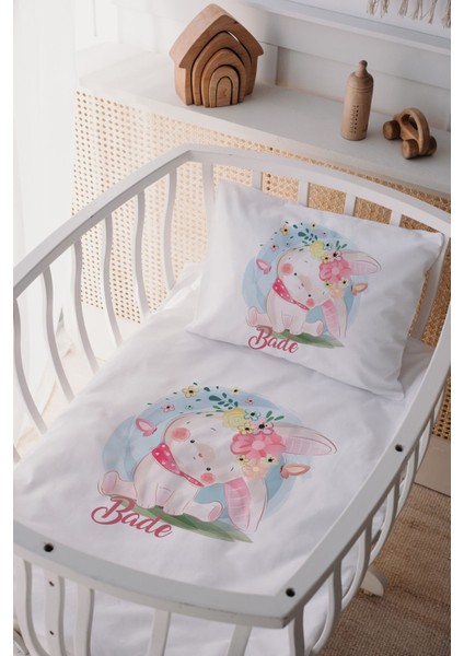 %100 Pamuk Saten Isme Özel Isimli Anne Yanı Beşik Nevresim Takımı Tavşan