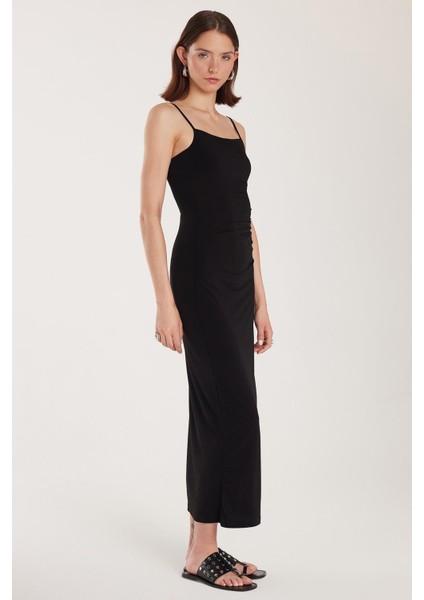 Kadın Slim Fit Dar Kesim Esnek U Yaka Midi siyah Elbise fırsatları