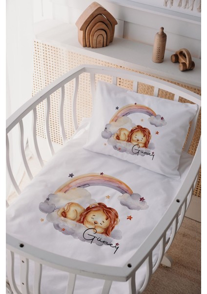 %100 Pamuk Saten Isme Özel Isimli Anne Yanı Beşik Nevresim Takımı Aslan