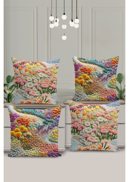 4 Lü Çift Taraflı Dijital Baskı Kırlent Kılıfı Nakış Görünümlü Çiçek Desenli