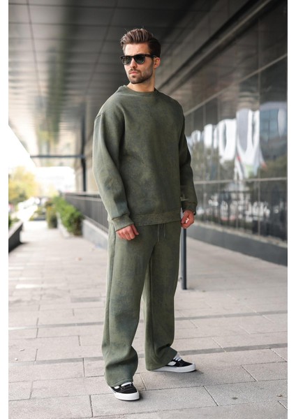 Haki Bisiklet Yaka Batik Desenli Erkek Sweatshirt Pantolon Takım E7344 modelleri