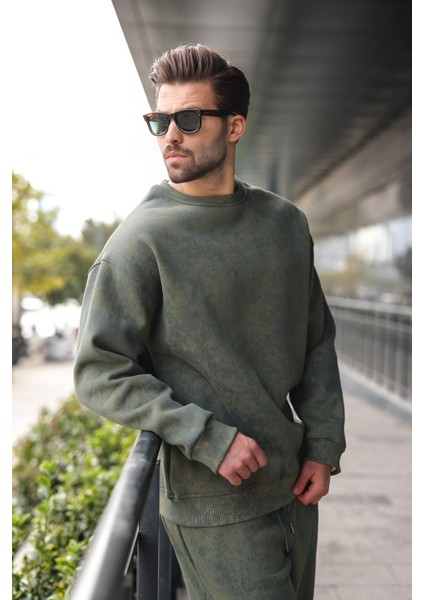 Haki Bisiklet Yaka Batik Desenli Erkek Sweatshirt Pantolon Takım E7344 indirimleri