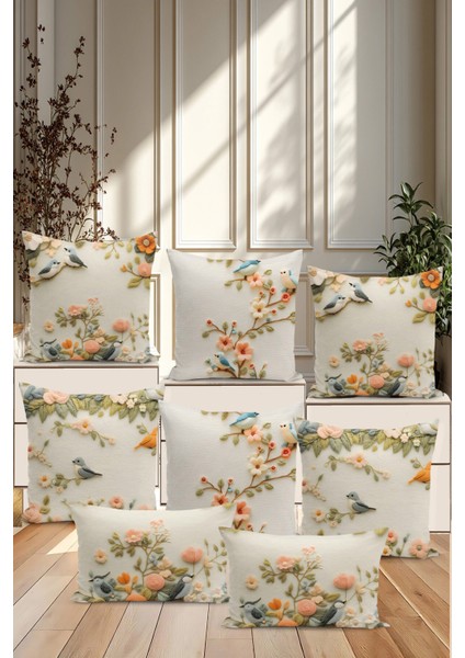 8 Li Çift Taraflı Dijital Baskı Kırlent Kılıfı Nakış Görünümlü Çiçek/kuş Desenli