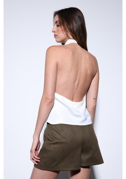 Beyaz Saten Halter Kadın Top