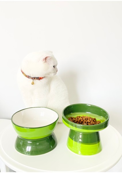 Seramik Kedi ve Köpek Mama Su Kabı Luna- Ayaklı Model 2'li(Yeşil)