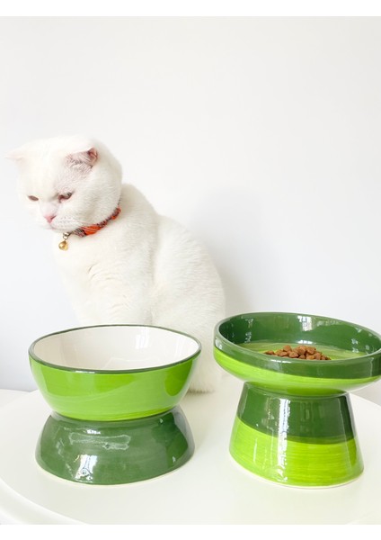 Seramik Kedi ve Köpek Mama Su Kabı Luna- Ayaklı Model 2'li(Yeşil) modelleri