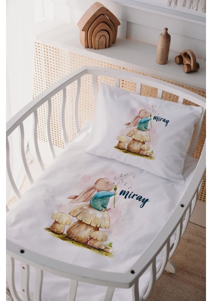%100 Pamuk Saten Isme Özel Isimli Anne Yanı Beşik Nevresim Takımı Tavşan