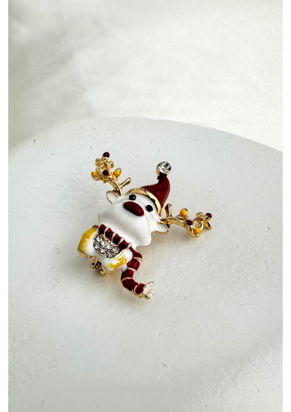 Yılbaşı Özel Boynuz Detay Taşlı Kardan Adam Broş (3cm)