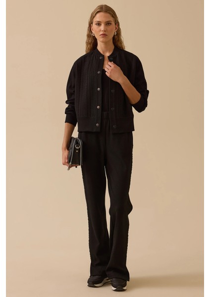 Kadın Yan Dokulu Yırtmaçlı Pantolon 0038 Siyah