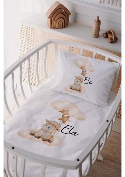 %100 Pamuk Saten Isme Özel Isimli Anne Yanı Beşik Nevresim Takımı Kuzu