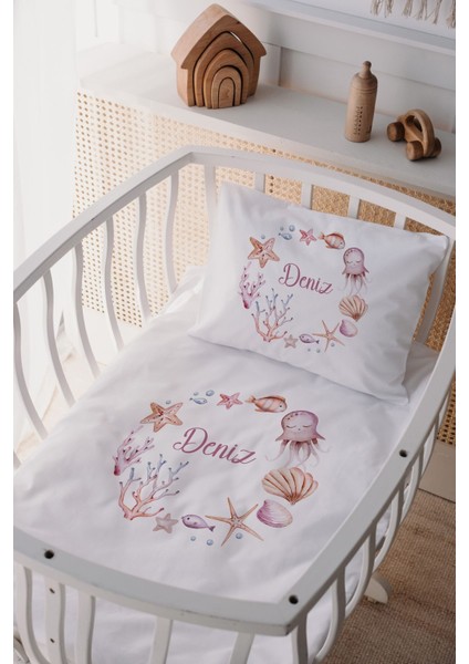 %100 Pamuk Saten Isme Özel Isimli Anne Yanı Beşik Nevresim Takımı Deniz Canlıları
