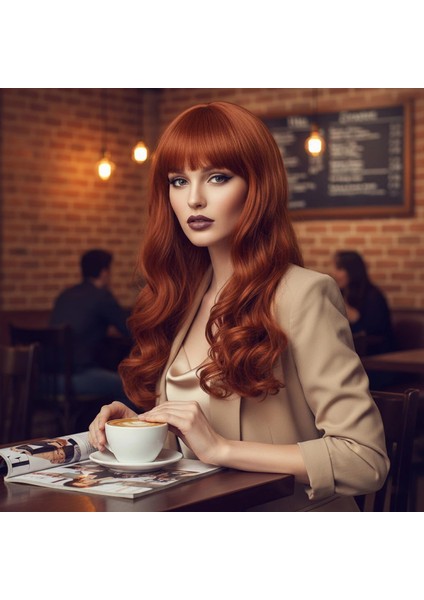 Dalgalı Perçemli Uzun Fiber Sentetik Peruk - Bakır