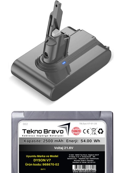 (Dyson V7 Uyumlu Ürün Kodu: 968670-02 ) 2500MAH Kablosuz Dikey Süpürge Bataryası