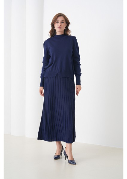 Kadın Pileli Etek Kazağı V Tasarım Tesettüre Uygun Örgü Triko Etek Kazak Takım