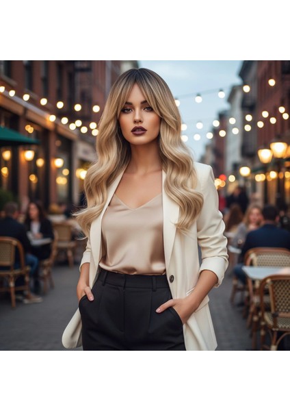 Dalgalı Perçemli Fiber Sentetik Orta Boy Peruk - Kahve Platin Röfleli