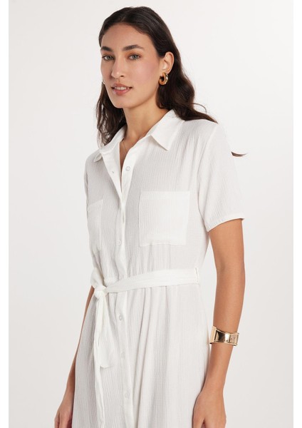 Kadın Regular Fit Uzun Kollu Klasik Yaka Düğmeli Beyaz Elbise fiyatları