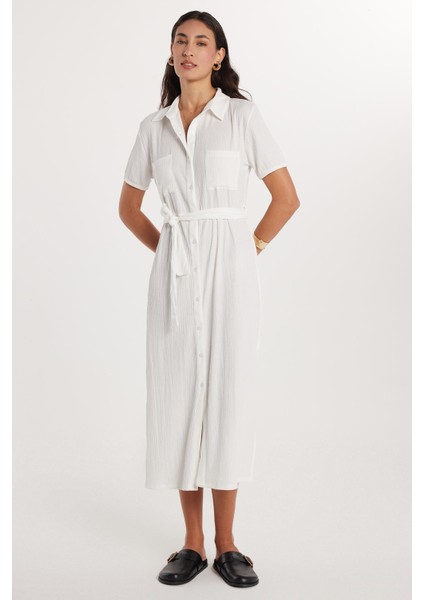 Kadın Regular Fit Uzun Kollu Klasik Yaka Düğmeli Beyaz Elbise fırsatları