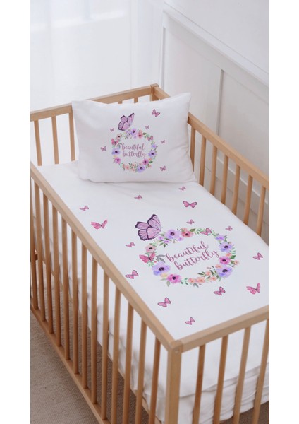 %100 Pamuk Anne Yanı Beşik Nevresim Takımı (60X100) Kelebekler