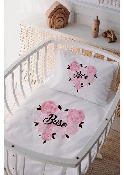 %100 Pamuk Saten Isme Özel Isimli Anne Yanı Beşik Nevresim Takımı Çiçek