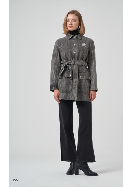 6016 Taş Işli Önden Çıtçıtlı Kuşaklı Denim Kap