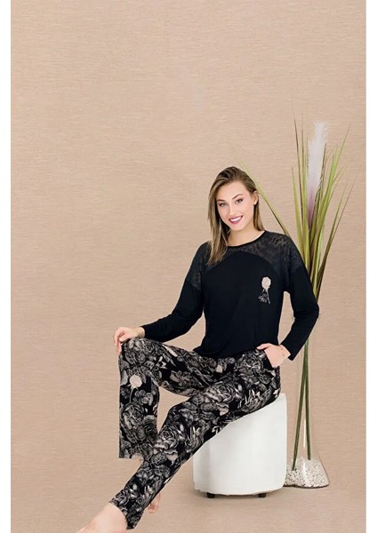 Lady Lingerie Çiçek Desenli,uzun Kollu,bisiklet Yakalı Kadın Pijama Takımı