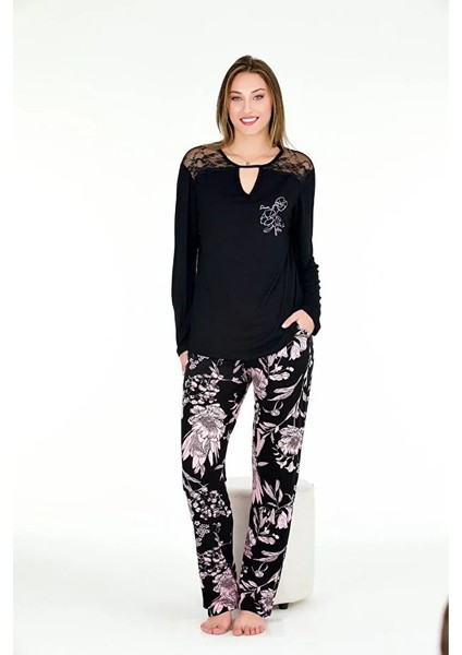 Lady Lingerie Çiçek Desenli V Yakalı Uzun Kollu Cepli Kadın Pijama Takımı