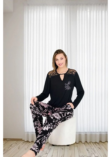 Lady Lingerie Çiçek Desenli V Yakalı Uzun Kollu Cepli Kadın Pijama Takımı fiyatları